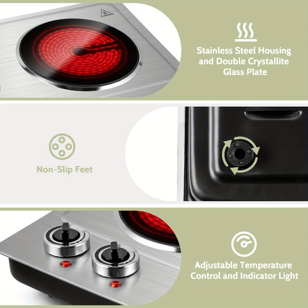 Electric Infrared Cooktop Double Burner Hot Plate, 1800W Portable Dual Temperature Control, Easy-Clean Smooth Surface