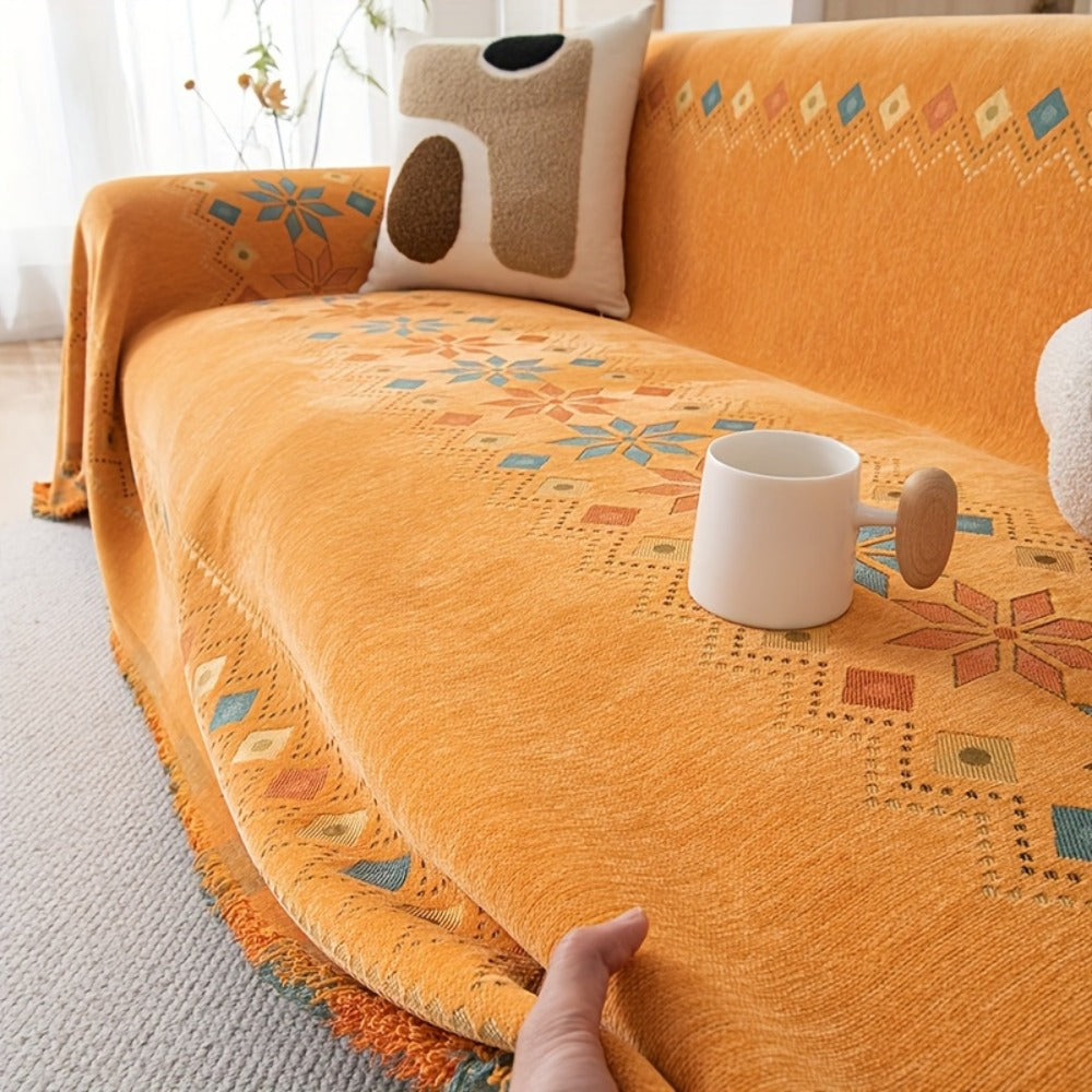Sofa Cover Bohemian Embroidered Chenille Knit Throw with No Padding in Four Sizes and Five Colors