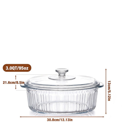 Borosilicate Glass Baking Dish with Lid 96oz, Oval Casserole Pan Microwave Oven Fridge Safe, Multi-Use for Baking