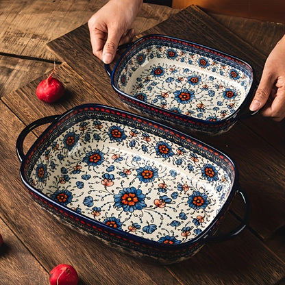 Ceramic Baking Dish Set of 2 Large 13 Inch Rectangular Casserole Dish Porcelain Bohemian for Entryways, Bedrooms and Living Spaces