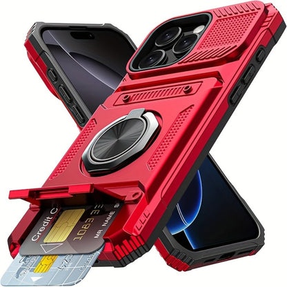 iPhone Card Slot Shockproof Case with Ring Holder & Kickstand – Wallet Phone Cover for iPhone 17 17 Air 17 Pro Max 16 15 14 13 12 11 Pro Max