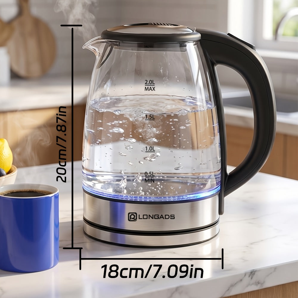 Electric Kettle by LONGADS, 2L 1000W Glass Body with Blue LED Indicator and Stainless Steel Heating Base