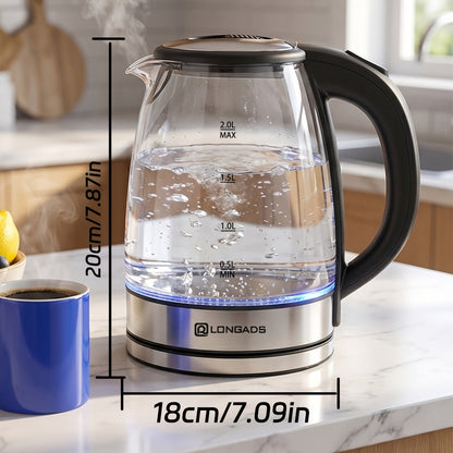 Electric Kettle by LONGADS, 2L 1000W Glass Body with Blue LED Indicator and Stainless Steel Heating Base