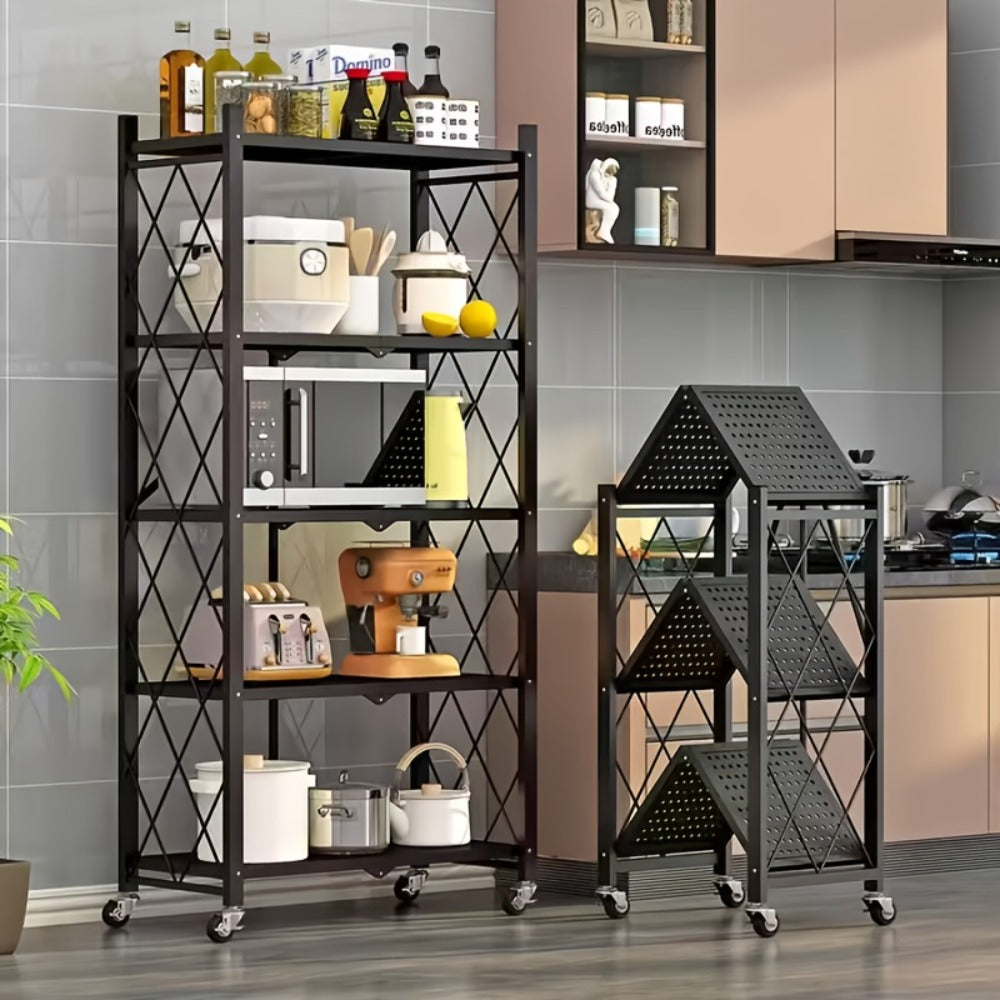 Three-to-Five-Tier Folding Storage Rack with Metal Shelves, Caster Wheels and Black or White Finish