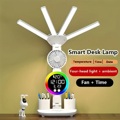 LED Desk Lamp with Built-in Fan & Touch Control, Dual Head Adjustable, USB Charging, 3 Color Modes Dimmable