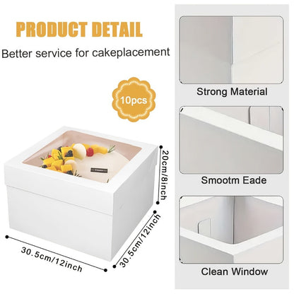 Cake Boxes with Window 12x12x8 Inch - 10 Pack White Lid Disposable Cake Box - Large Bakery for Entryways, Bedrooms and Living Spaces