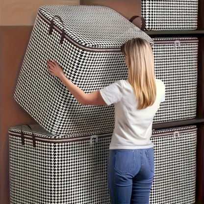 Four-Piece Houndstooth Fabric Storage Box Set with Handles, Double Zippers and Black-and-White Pattern