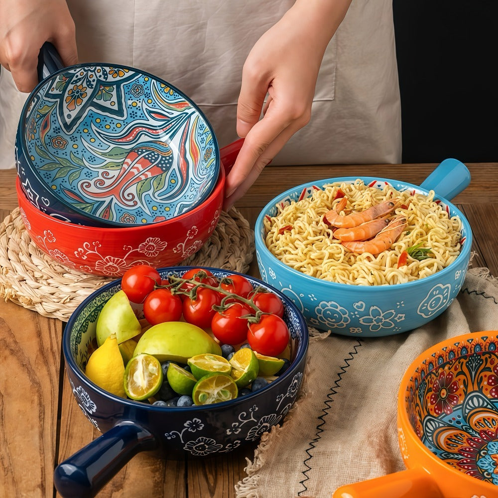 Ceramic Salad Bowl Set of 4 Bohemian Style 8.7 Inch with Handles Microwave and Oven Safe Colorful Serving Bowls for Home Baking Table