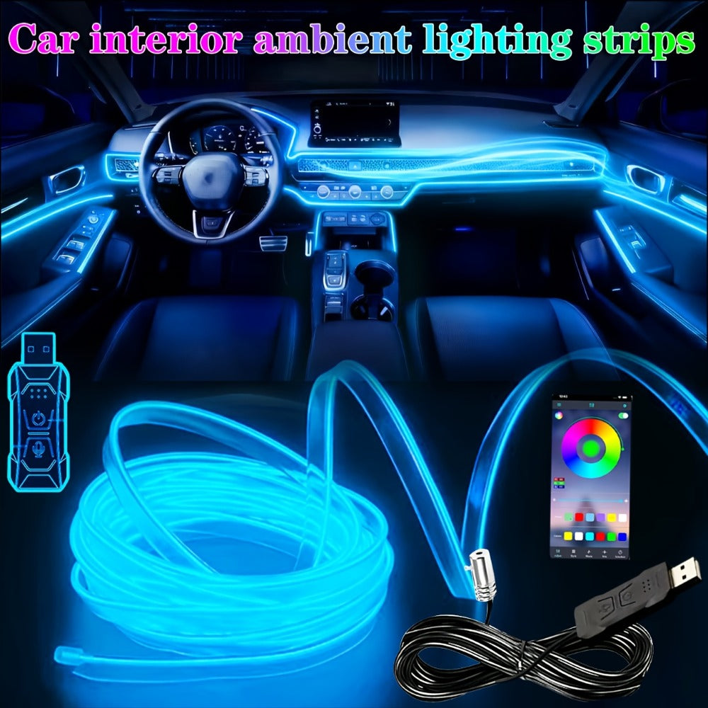 Car Interior Ambient Lighting Kit with Four Checkout Configurations, App-Button Control and Fiber-Style Strips