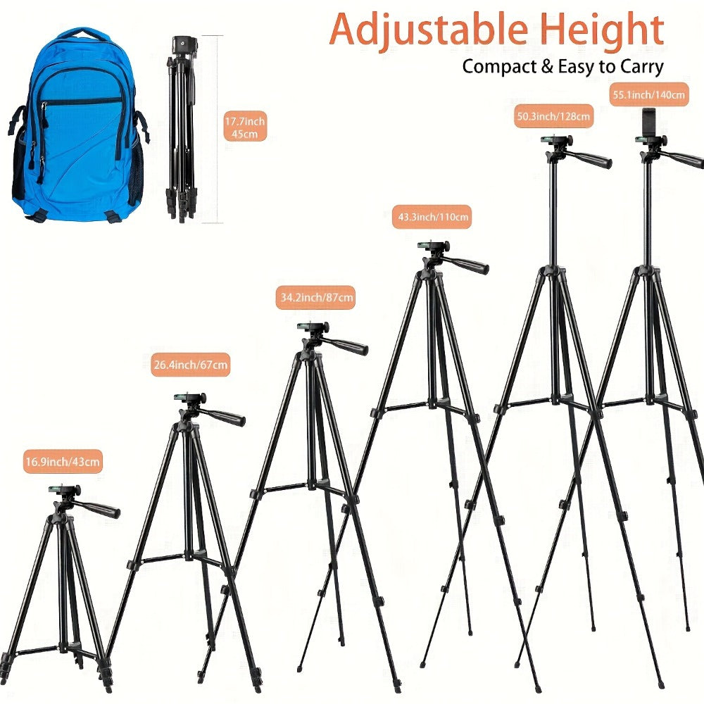50-Inch Aluminum Camera Tripod with Pan-and-Tilt Head, Quick-Release Plate, Phone Clip and Carrying Bag in Black