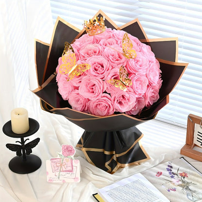 Artificial Rose Bouquet 24 Glitter Roses with 6 Golden Butterflies, Everlasting Shiny Fake Flower Bouquet for Wedding