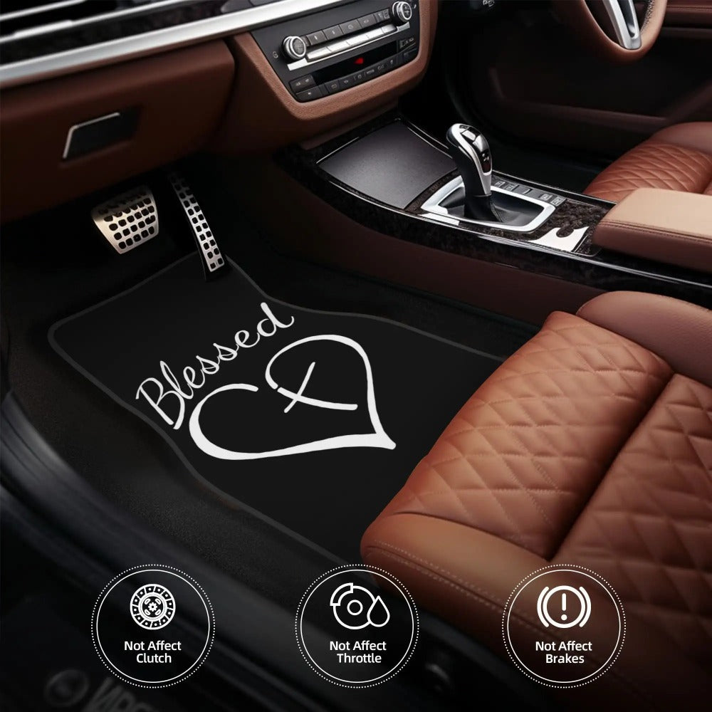 Heart and Cross Car Floor Mats, Four-Piece Black Printed Set with Two Front and Two Rear Mats