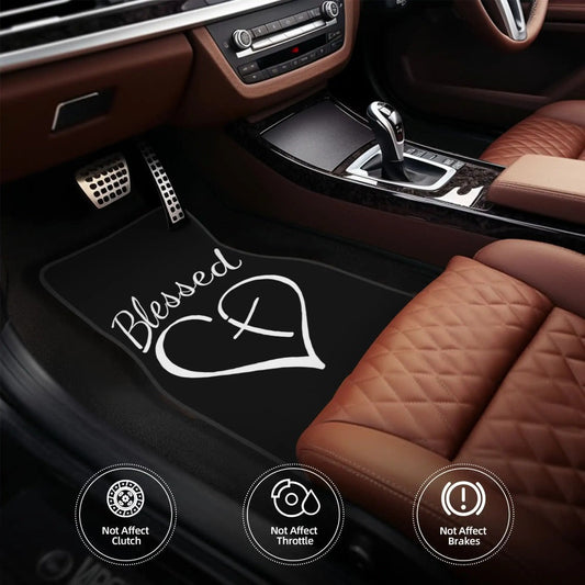 Heart and Cross Car Floor Mats, Four-Piece Black Printed Set with Two Front and Two Rear Mats