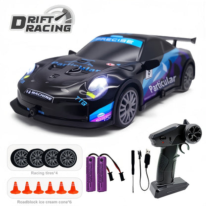 Alloy RC Drift Car 1:24 Scale 4WD 28KM/H with Drift Tires LED Lights Barricades & 2 Batteries