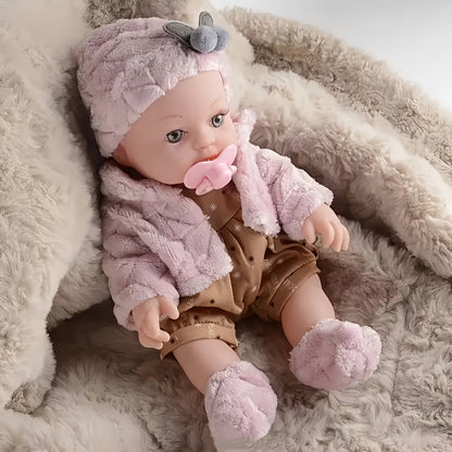 Pink Baby Doll with Open-Eye Face, Pacifier and Textured Outfit Across Three Checkout Style Labels