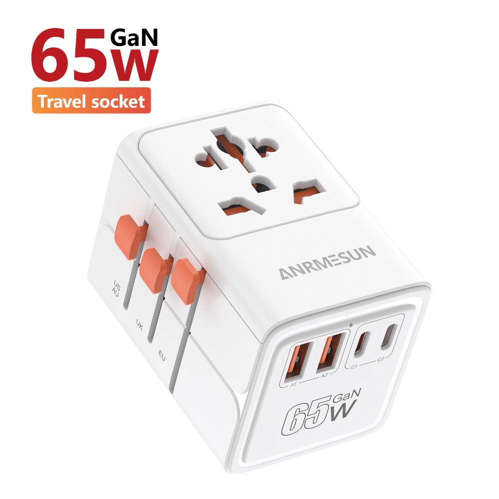 65W Universal Travel Adapter with 4 USB Ports - 2 USB-C & 2 USB-A Fast Charging, US EU UK AU Plugs