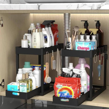 Under Sink Storage Organizer 2-Piece Double-Tier Sliding Basket with 8 Hooks in Four Color Styles