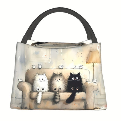 Cat Print Lunch Bag Tote, 11 x 6.3 x 6.7 Inches with Top Zipper, Dual Carry Handles and Tapered Profile