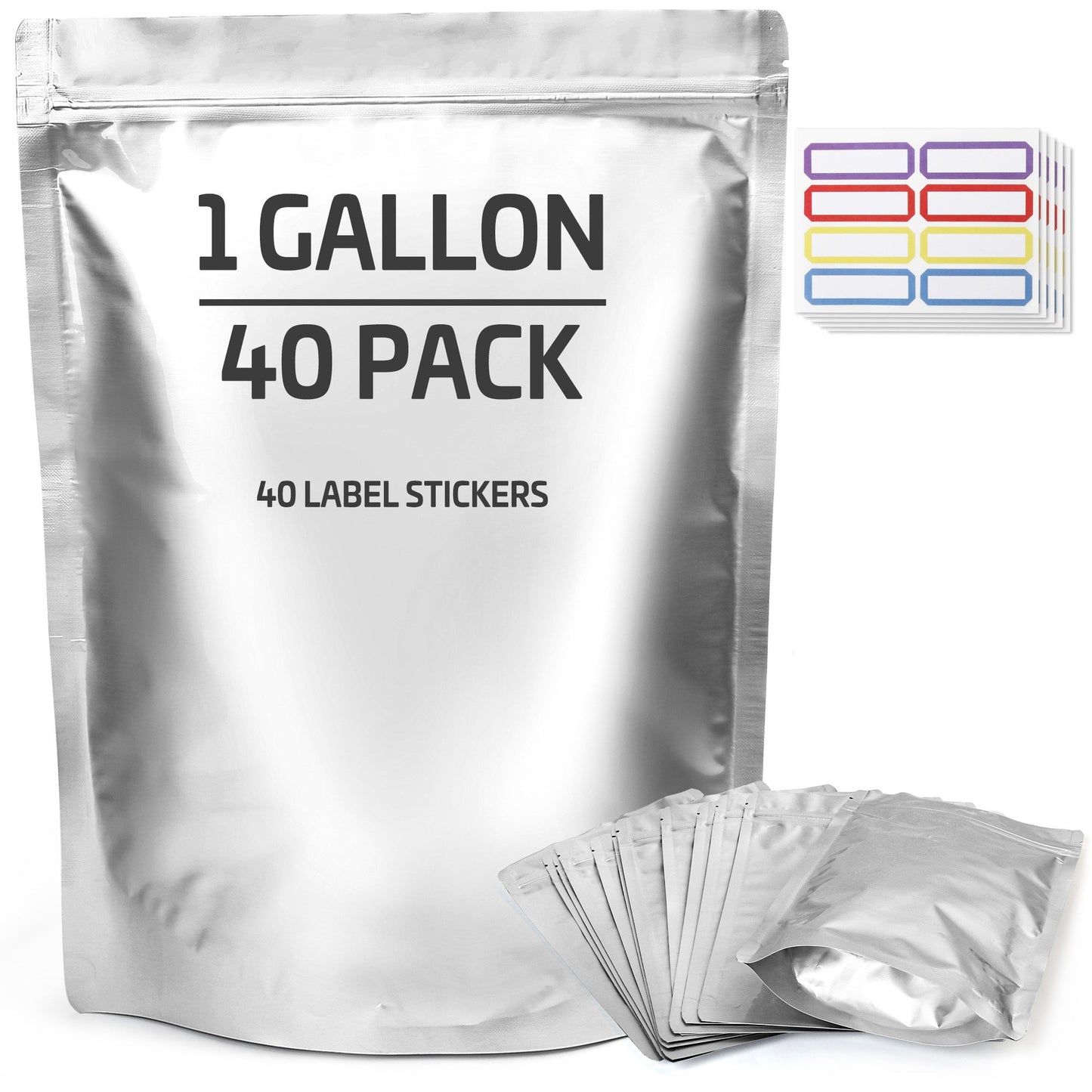 Mylar Bags for Food Storage 1 Gallon 10 Mil Thick, Resealable Zipper & Heat Seal, 40pcs or 100pcs with Label Stickers