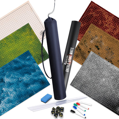DnD Battle Map 3 Pack 24x36 Inch Dry Erase – Double-Sided 6 Terrain Grid Mats with Dice Accessories & Shoulder Bag