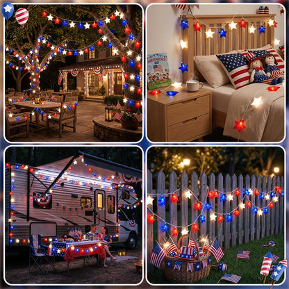 String Lights, Red White and Blue Star Lights with Plug-In Power, 8.5- or 12-Foot Length and 10 or 20 LEDs