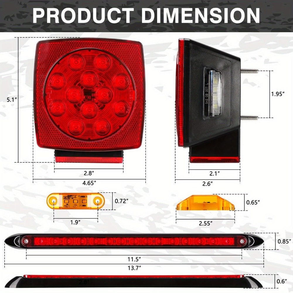 LED Trailer Light Kit with Wire Harness – Tail Lights, Amber Marker Lights & Brake ID Bar, 12V, Fits Boat Trailer Camper Truck Snowmobile