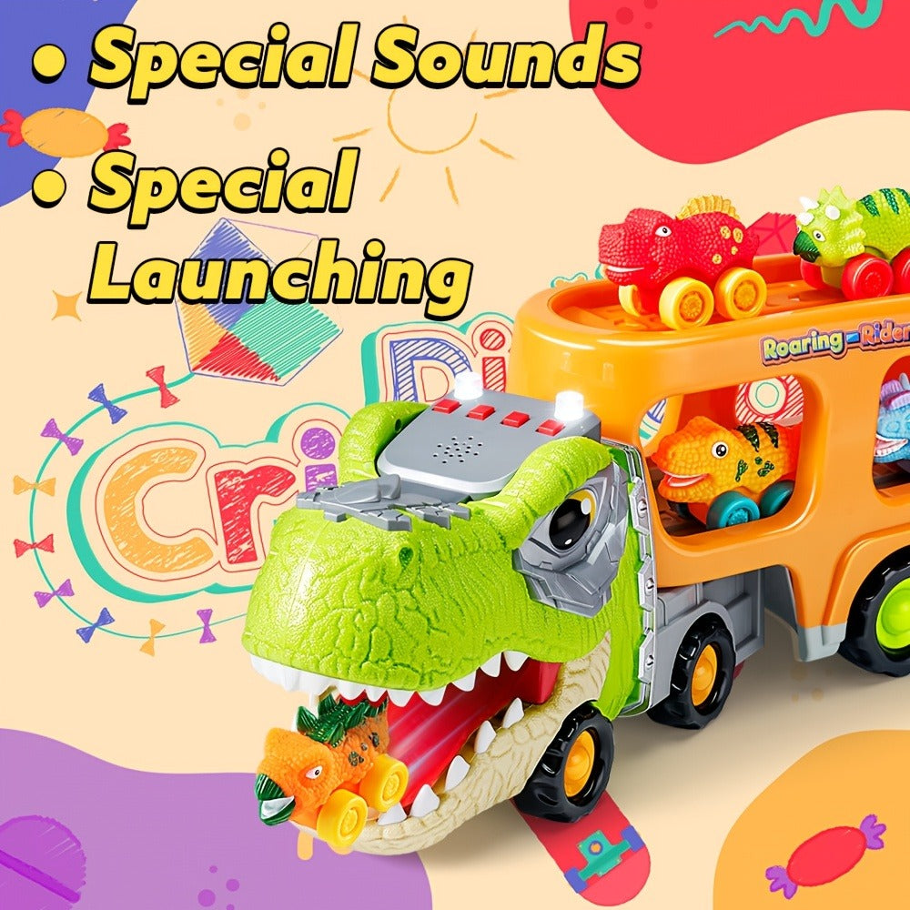 T-Rex Carrier Truck Toy with 6 Mini Rubber Dinosaur Cars LED Lights with the Listed Color, Size or Set Options for Everyday Use