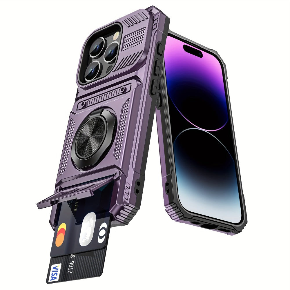 Phone Case Dual-Card Hard Shell Cover with 360-Degree Ring Kickstand for Select iPhone 14, 16 and 17 Models