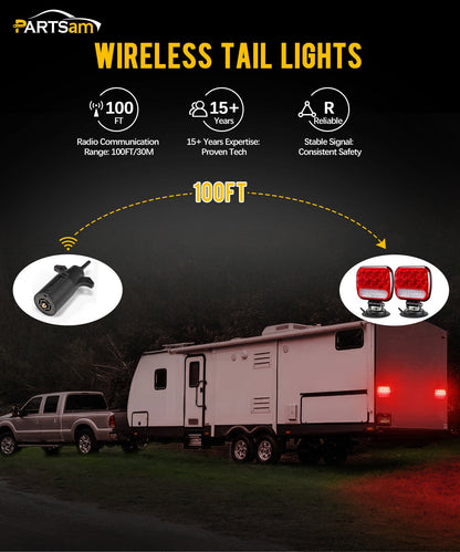 Wireless Magnetic LED Trailer Light Kit – 26 LED Towing Tail Light Stop Turn Brake Reverse, 7-Pin Plug 12-24V IPX5 Waterproof