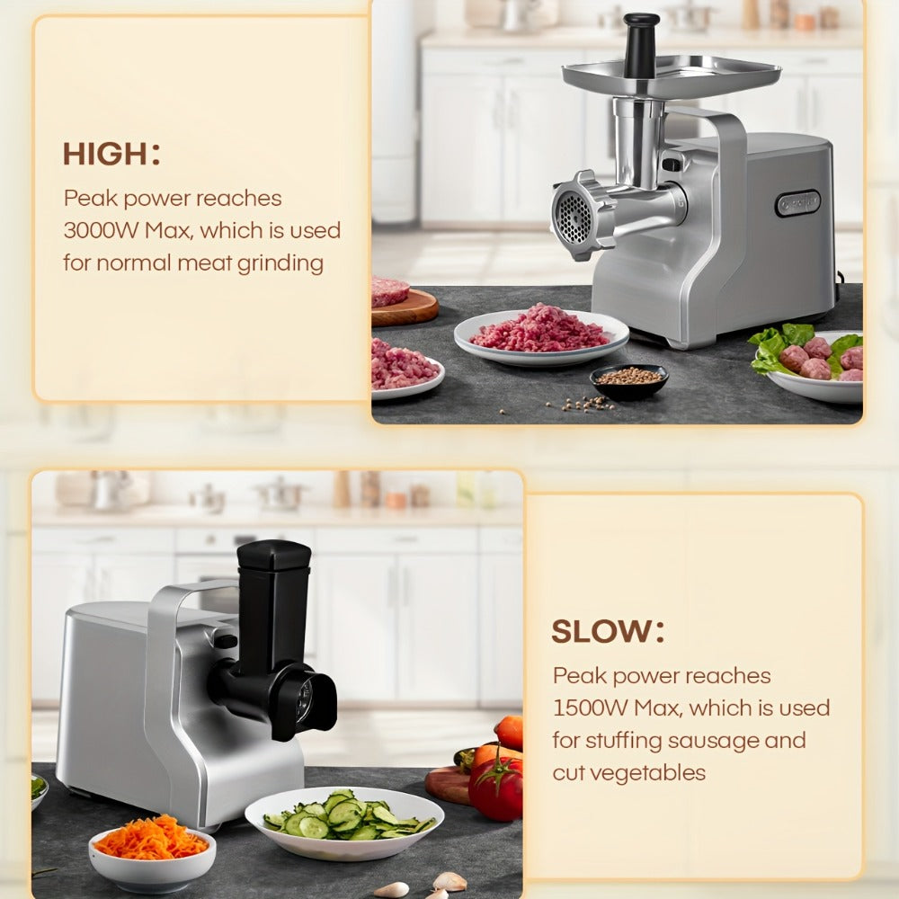 Electric Meat Grinder 5-in-1 with Sausage Stuffer Vegetable Slicer Tomato Juicer Kubbe Kit 3 Grinding Plates 3 Speed Settings per Min