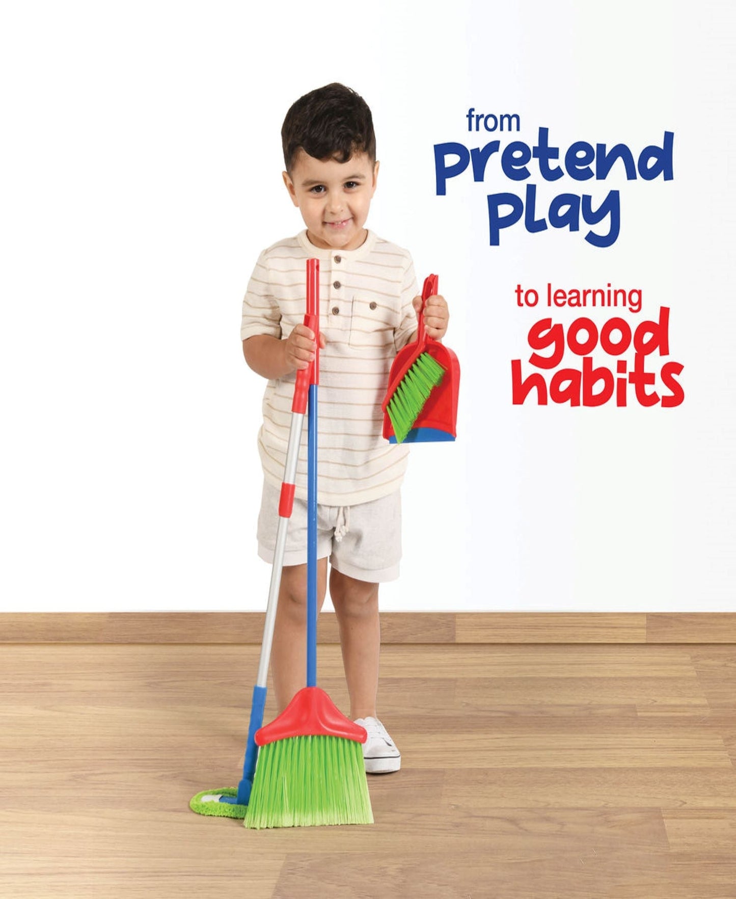 Kids Cleaning Set 4 Piece Toy Broom Mop Brush Dustpan, Pretend Play Housekeeping Kit for Toddlers Boys Girls