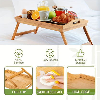 Bamboo Bed Tray Table with Folding Legs & Handles, Breakfast Sofa Lap Desk, 19.32" x 11.83", Natural Bamboo