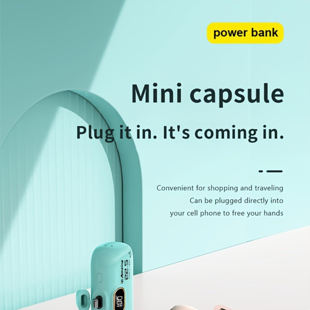 Mini Power Bank 5000mAh with Built-in USB-C Connector Fast Charging, Ultra-Compact Pocket Portable Charger for iPhone Android Samsung