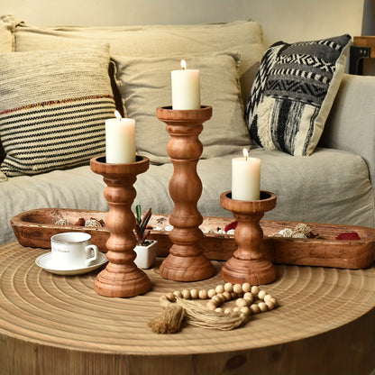 Wood Pillar Candle Holder Set of Three with Turned Pedestal Profiles, 16cm, 23cm and 30cm Heights in Three Finishes