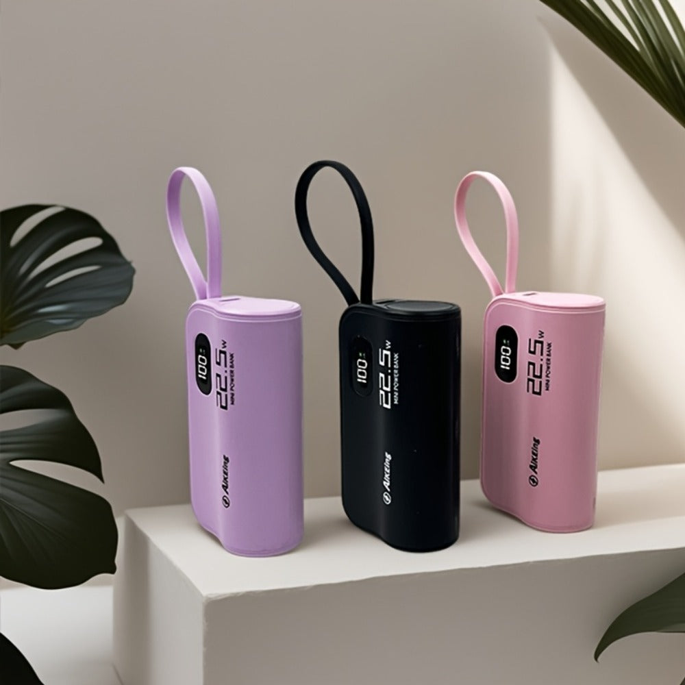 5000mAh Capsule-Style Power Bank with 22.5W Marking, Hidden Stand, Digital Display and USB Cable