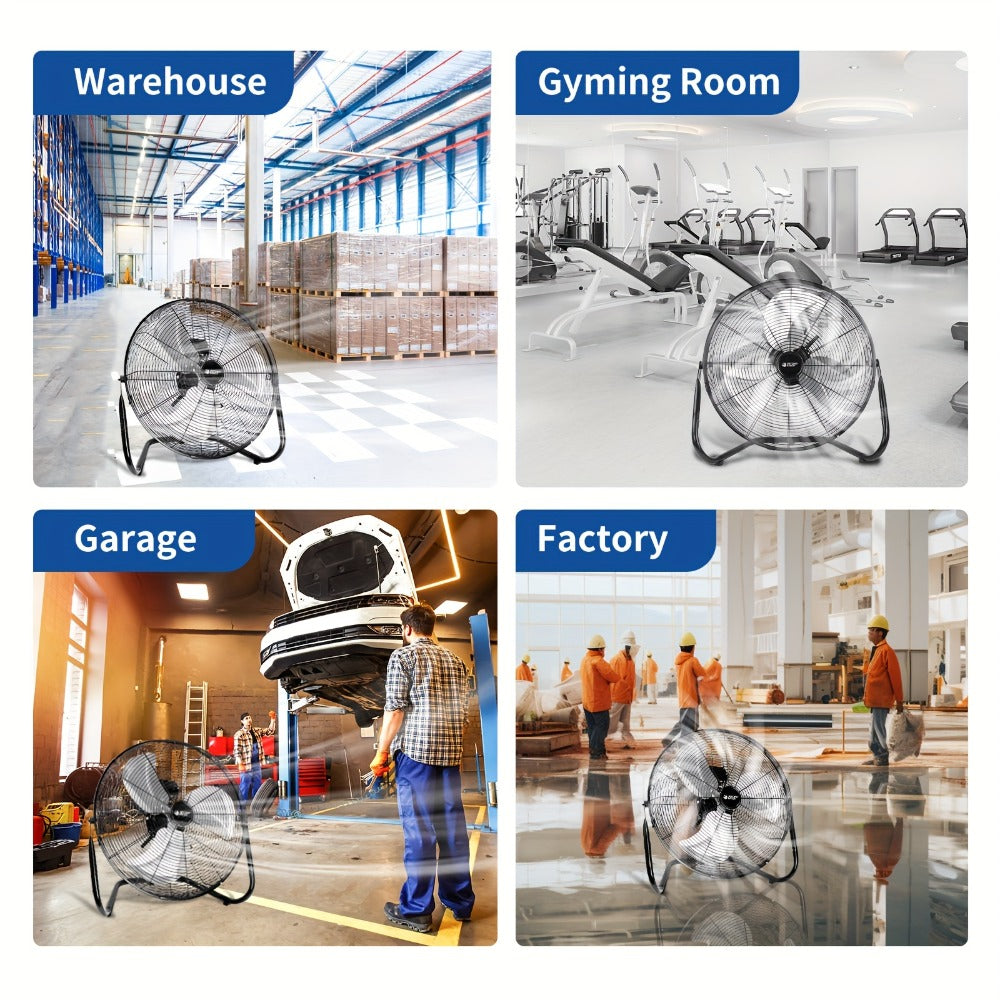 Industrial Floor Fan, Metal Stand Fan with 3 Speed Settings & 360° Tilt, High Velocity Airflow for Warehouse