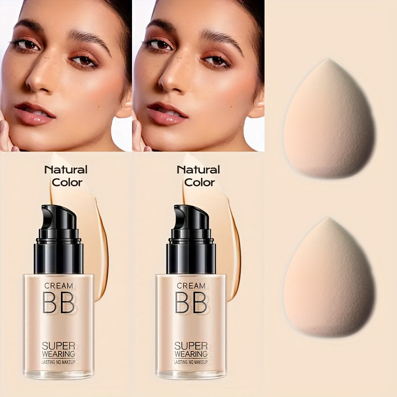 BB Cream Liquid Foundation Set 2-Piece with Makeup Sponge, for Makeup, Travel and Everyday Vanity Use