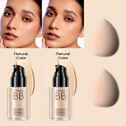 BB Cream Liquid Foundation Set 2-Piece with Makeup Sponge, for Makeup, Travel and Everyday Vanity Use