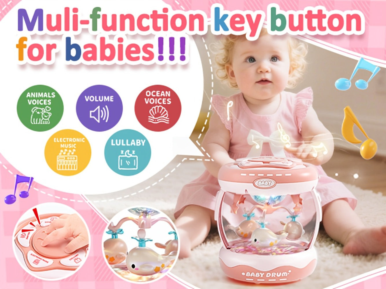 Baby Rotating Projector Music Toy 3 Months+, Interactive Animal Sounds & Lights, Multi-Functional Sensory Learning Toy for Infants