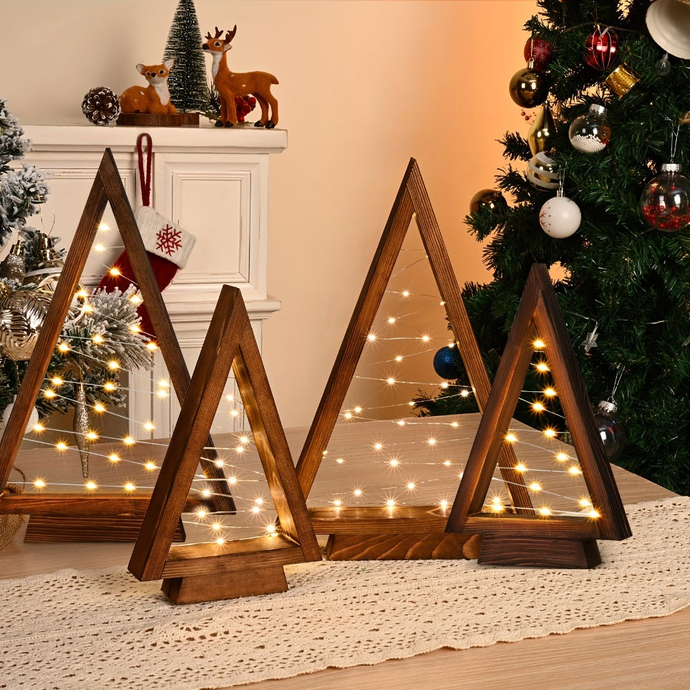 Wooden Light-Up Desktop Christmas Trees USB Powered - Mini Lighted Wood Tree Set for Holiday Decoration