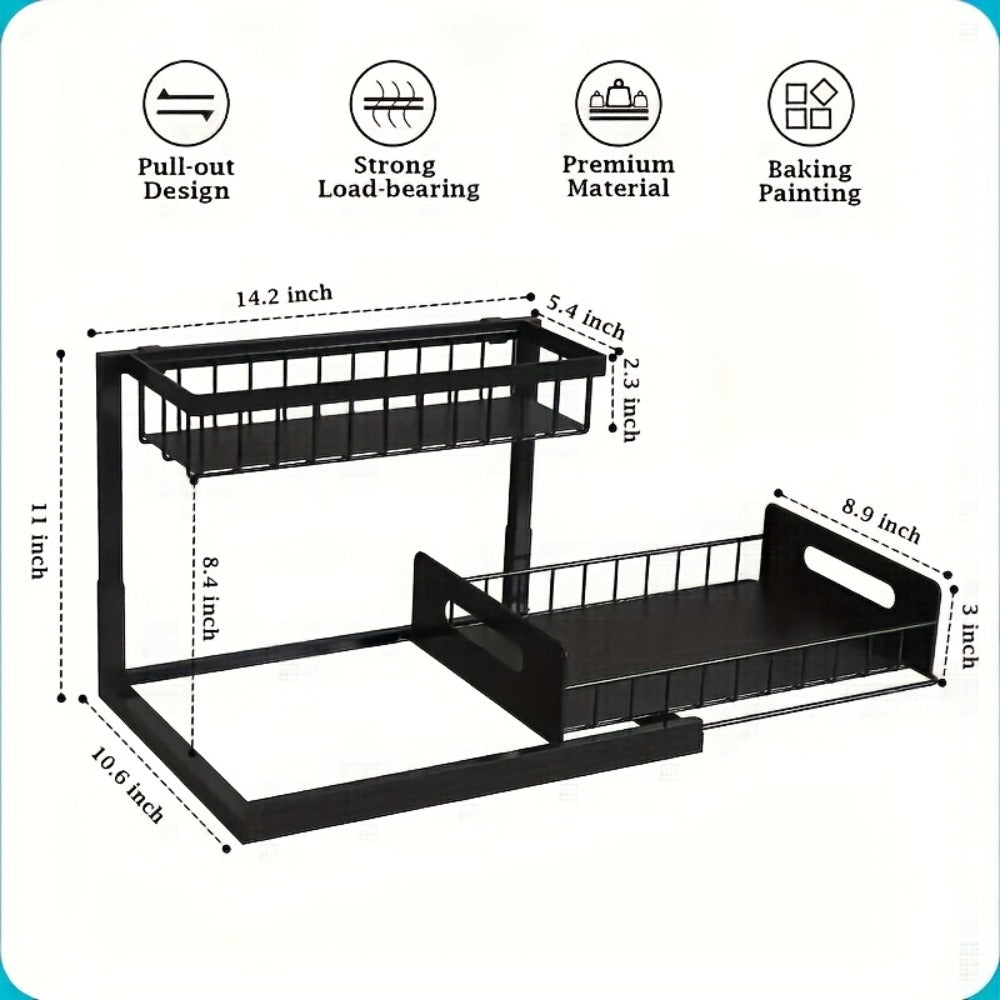 Under Sink Organizer Pull Out, 2-Tier Slide Out Cabinet Organizer with Adjustable Shelves, Under Sink Storage Rack for Kitchen Bathroom