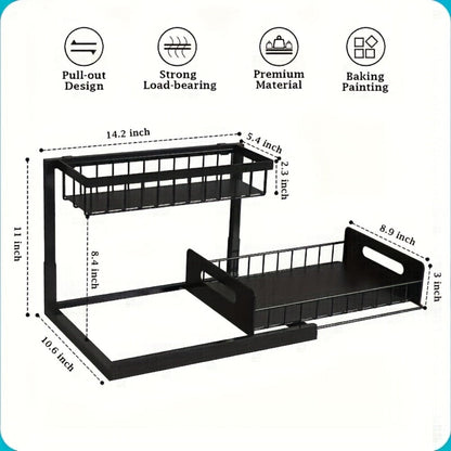 Under Sink Organizer Pull Out, 2-Tier Slide Out Cabinet Organizer with Adjustable Shelves, Under Sink Storage Rack for Kitchen Bathroom