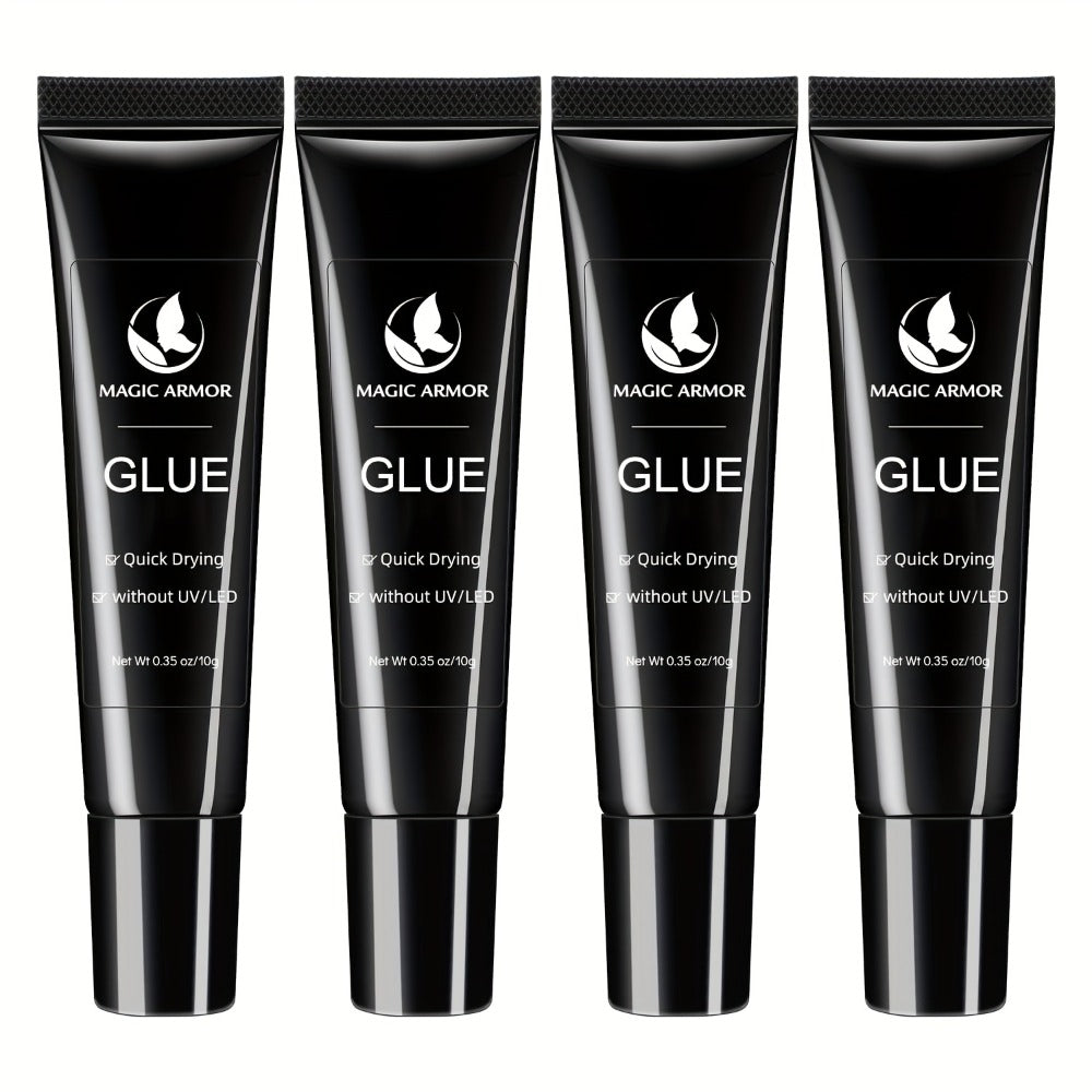 Nail Glue Set, MAGIC ARMOR Four 0.35oz Black Squeeze Tubes with Precision Nozzles for Press-On Nails