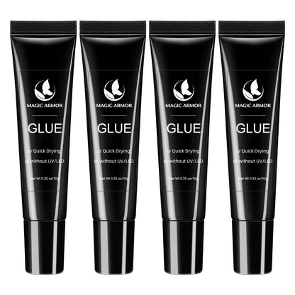 Nail Glue Set, MAGIC ARMOR Four 0.35oz Black Squeeze Tubes with Precision Nozzles for Press-On Nails