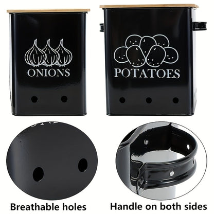 Kitchen Storage Canister Potato Onion Storage Bin Aerating Ventilation Holes Wooden Lid for Home Cooking, Dining and Outdoor Meals
