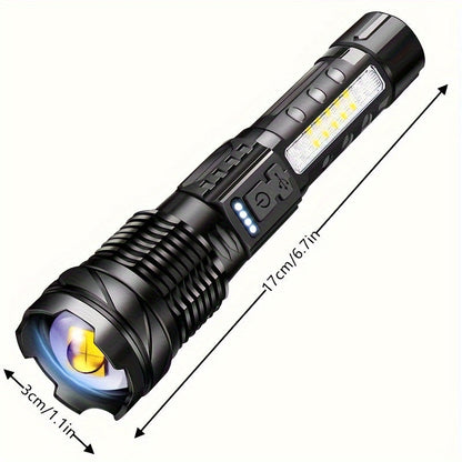 Flashlight LED and COB Dual-Light Torch with Telescopic Focus, USB-C Charging and 1500mAh Battery
