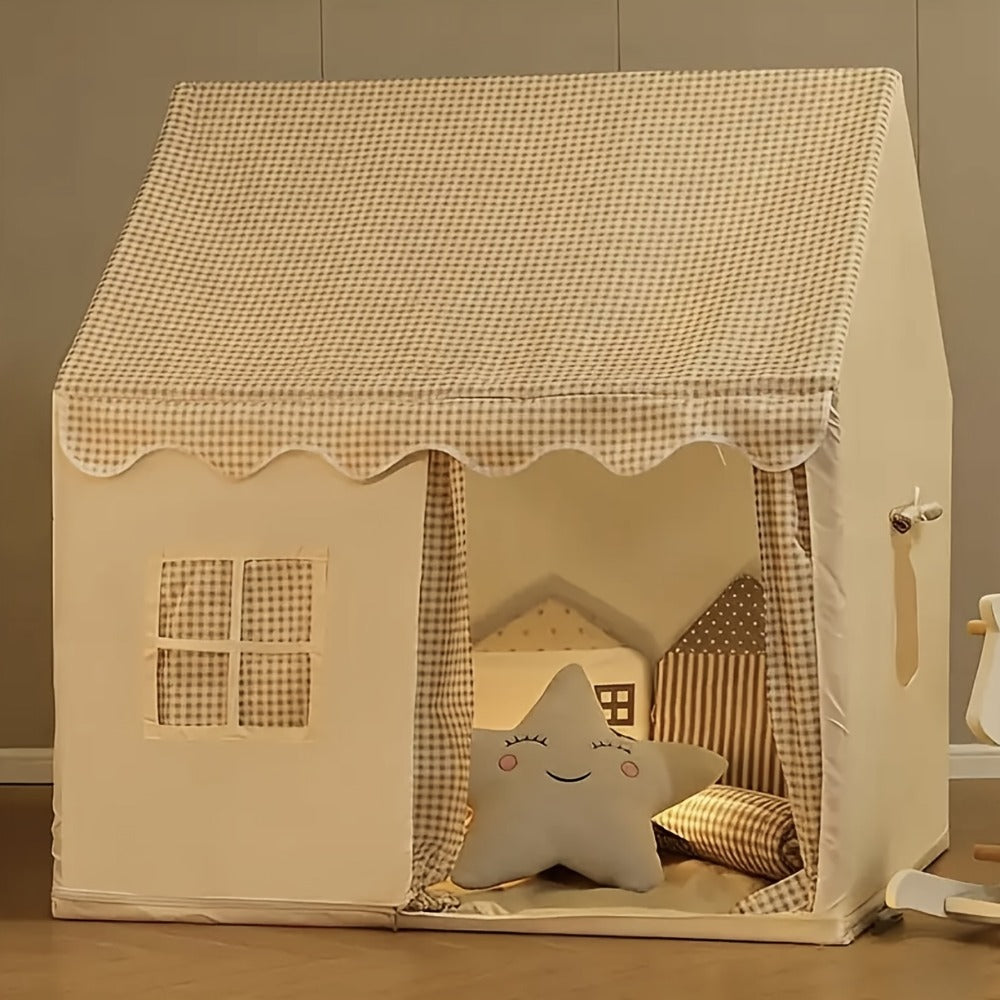 Brown Gingham Cabin Kids Play Tent with 130 x 120 x 106cm Frame, Three Windows and Storage Pouch