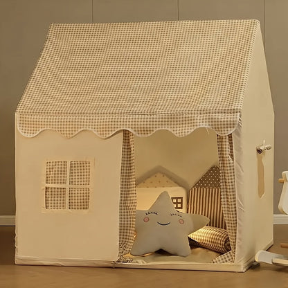Brown Gingham Cabin Kids Play Tent with 130 x 120 x 106cm Frame, Three Windows and Storage Pouch