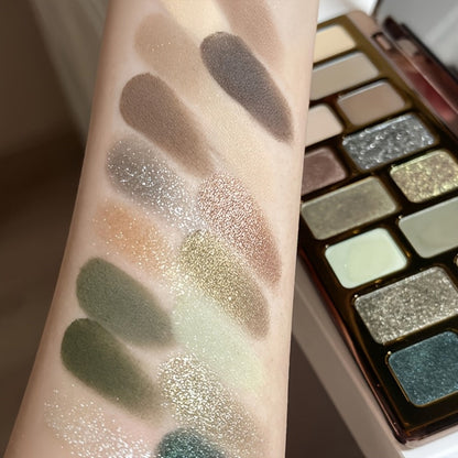 Eyeshadow Palette 16-Shade Brown and Green Compact with Matte, Shimmer and Glitter Finish Mix