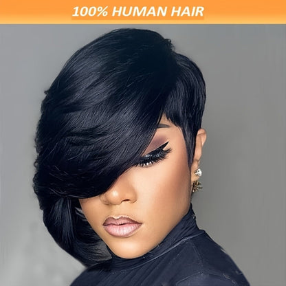 Layered Pixie Human Hair Wig with Side Bangs in #4 Brown, #99J Burgundy or #1 Black Color Options